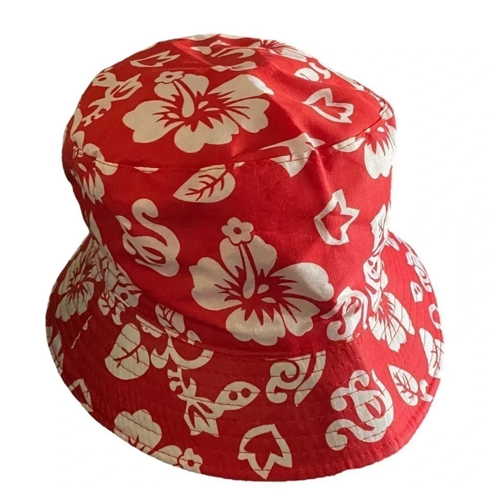 Printed Bucket Hat  Red & White All-Over Palm Leaves Bucket Hat OS NEW